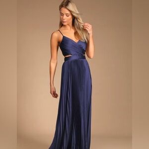Lulus Got the Glam Pleated Cutout Maxi Dress Navy (more like indigo)